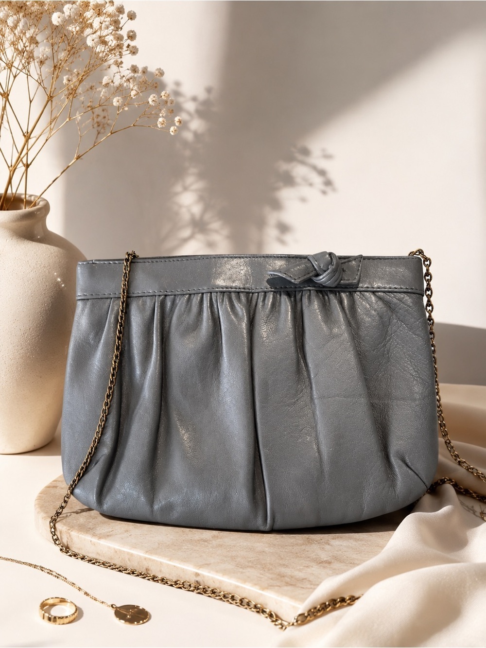 Vintage Gray Leather Clutch Purse Silver Chain Strap Ruched Foldover Evening Bag